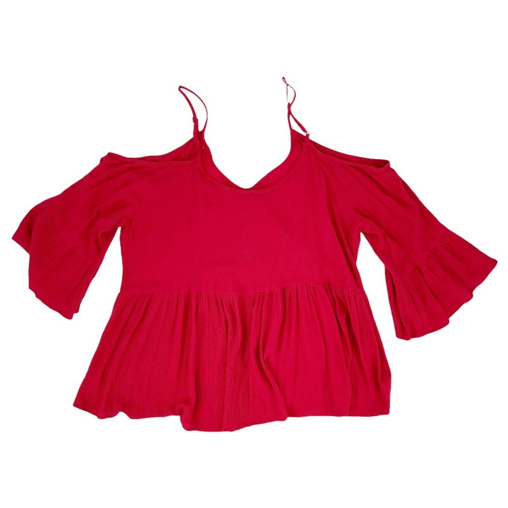 Torrid Gauze Cold Shoulder Blouse Plus Sz 3X Red V-Neck Faux Button Up Bell Slv - Picture 4 of 7